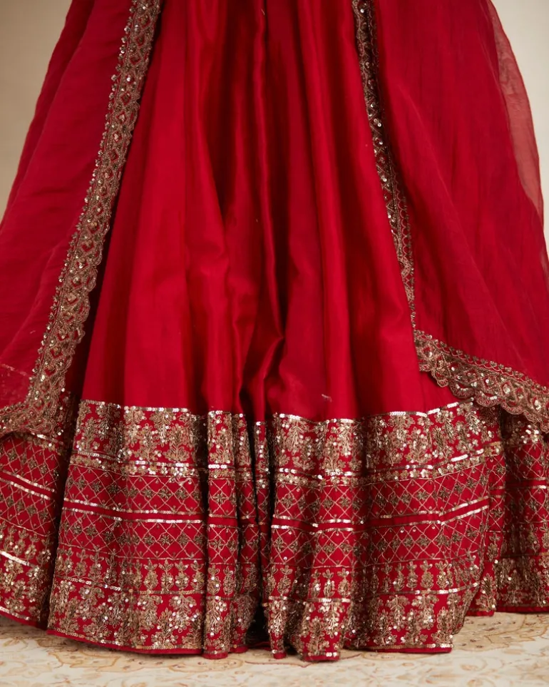 Red Chanderi Silk Crepe Beaded Lehenga Set