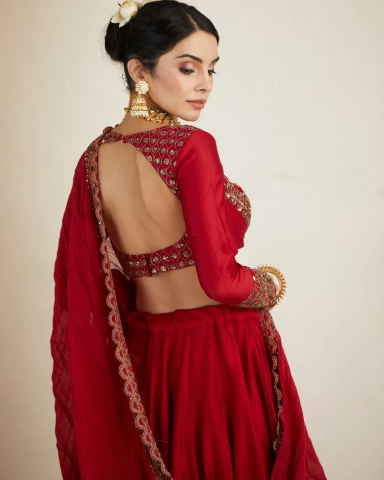 Red Chanderi Silk Crepe Beaded Lehenga Set