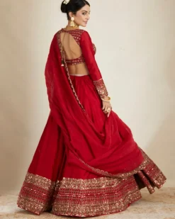 Red Chanderi Silk Crepe Beaded Lehenga Set