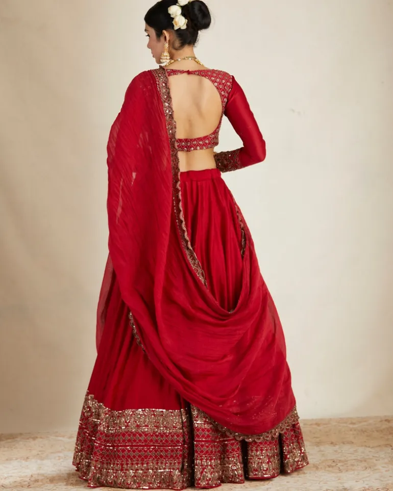 Red Chanderi Silk Crepe Beaded Lehenga Set