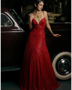 Red Deep Cut Sequin Gown