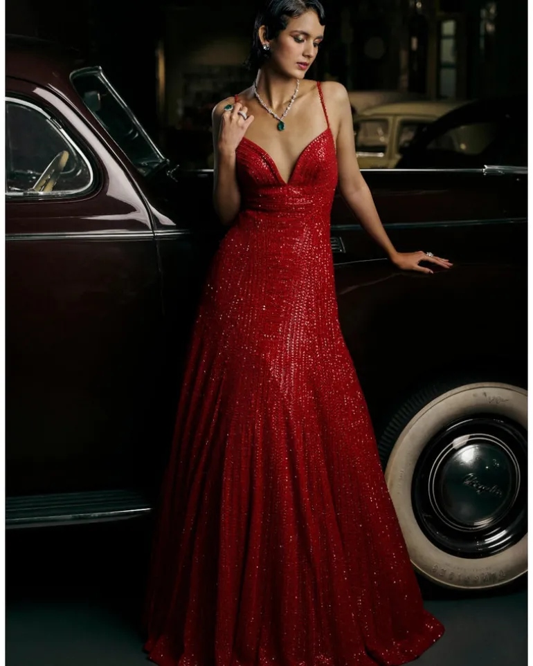 Red Deep Cut Sequin Gown