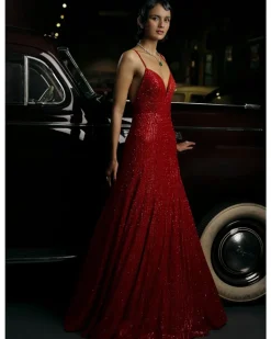 Red Deep Cut Sequin Gown