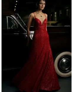 Red Deep Cut Sequin Gown