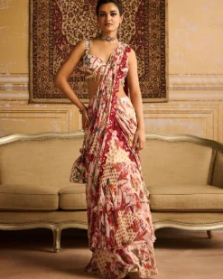 Red Embroidered Blouse And Skirt Sari Set