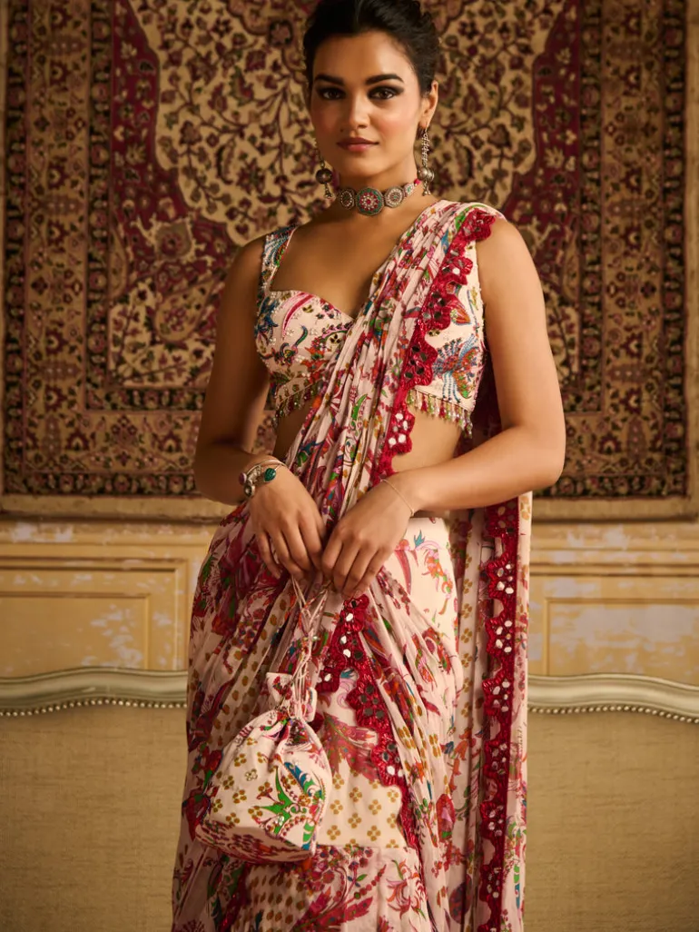 Red Embroidered Blouse And Skirt Sari Set