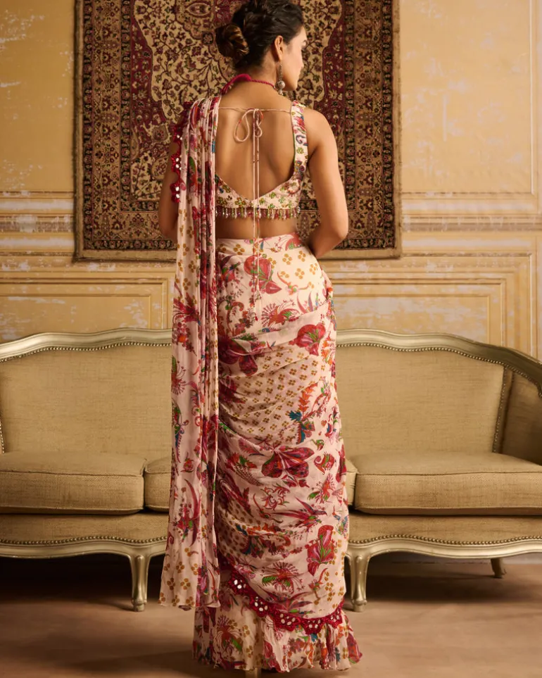 Red Embroidered Blouse And Skirt Sari Set