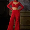 Red Embroidered Blouse With Red Embroidered Pant And Choker Dupatta