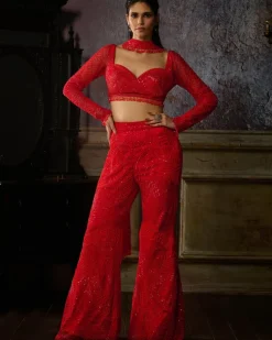Red Embroidered Blouse With Red Embroidered Pant And Choker Dupatta