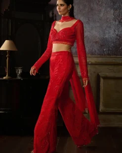 Red Embroidered Blouse With Red Embroidered Pant And Choker Dupatta