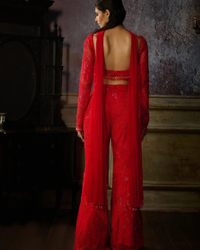 Red Embroidered Blouse With Red Embroidered Pant And Choker Dupatta