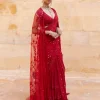 Red Embroidered Cape And Sari Set