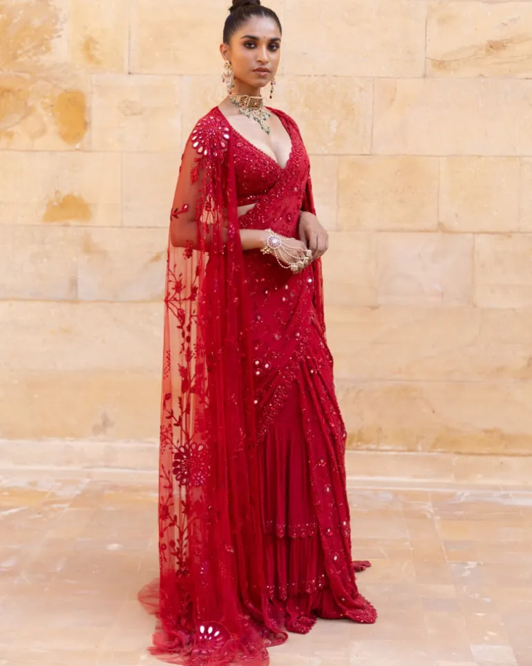 Red Embroidered Cape And Sari Set