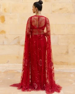 Red Embroidered Cape And Sari Set