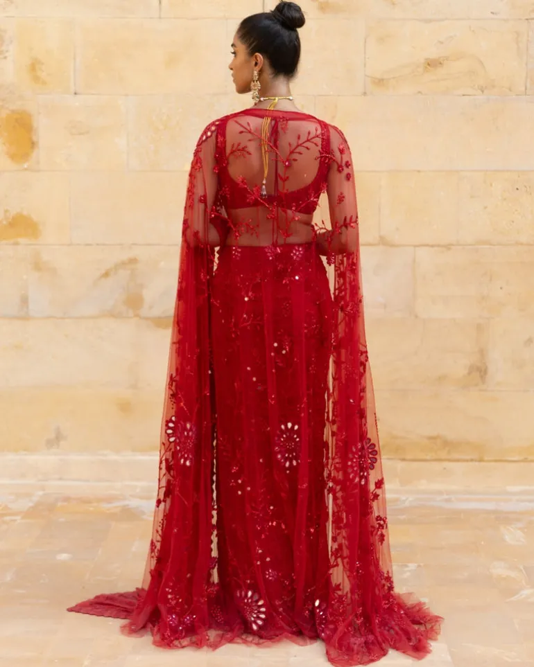 Red Embroidered Cape And Sari Set