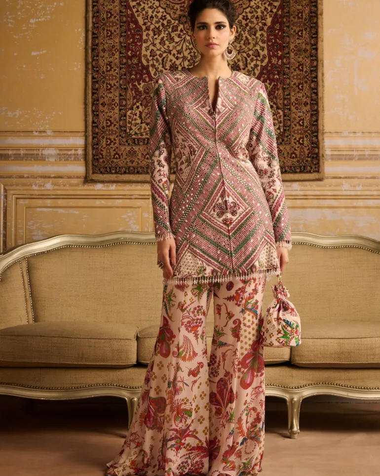 Red Embroidered Jacket And Flare Pants