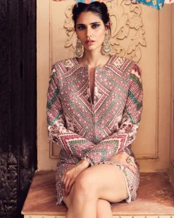 Red Embroidered Jacket And Flare Pants