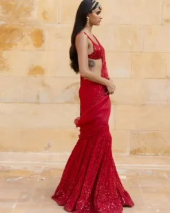 Red Embroidered Mermaid Sleeveless Sari Set