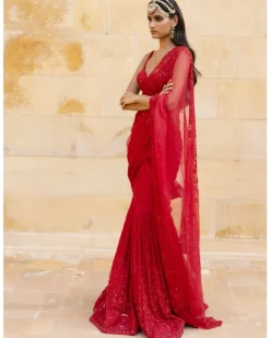 Red Embroidered Mermaid Sleeveless Sari Set