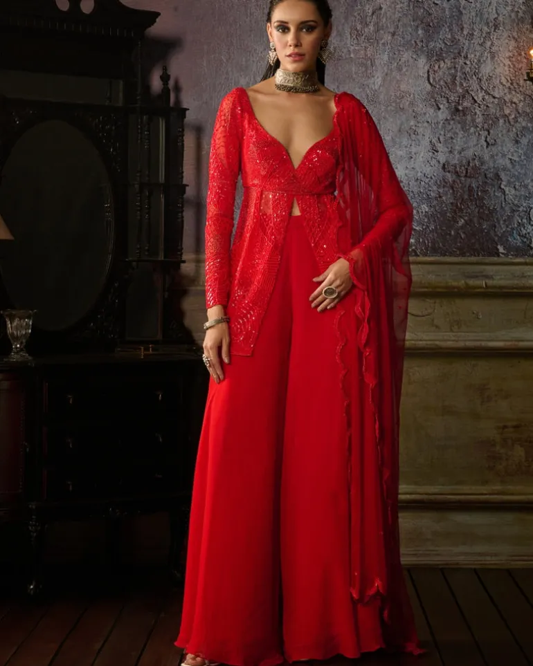 Red Embroidered Peplum With Organza Sharara And Dupatta
