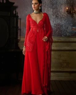 Red Embroidered Peplum With Organza Sharara And Dupatta