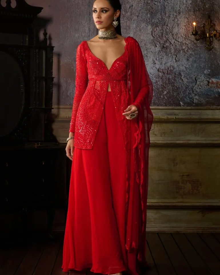 Red Embroidered Peplum With Organza Sharara And Dupatta