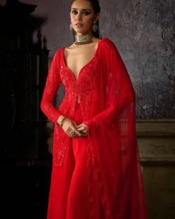 Red Embroidered Peplum With Organza Sharara And Dupatta
