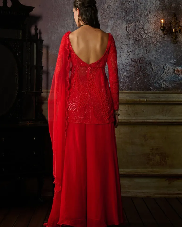 Red Embroidered Peplum With Organza Sharara And Dupatta