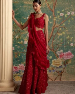 Red Finesse Lehenga Sari Set