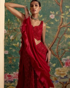 Red Finesse Lehenga Sari Set