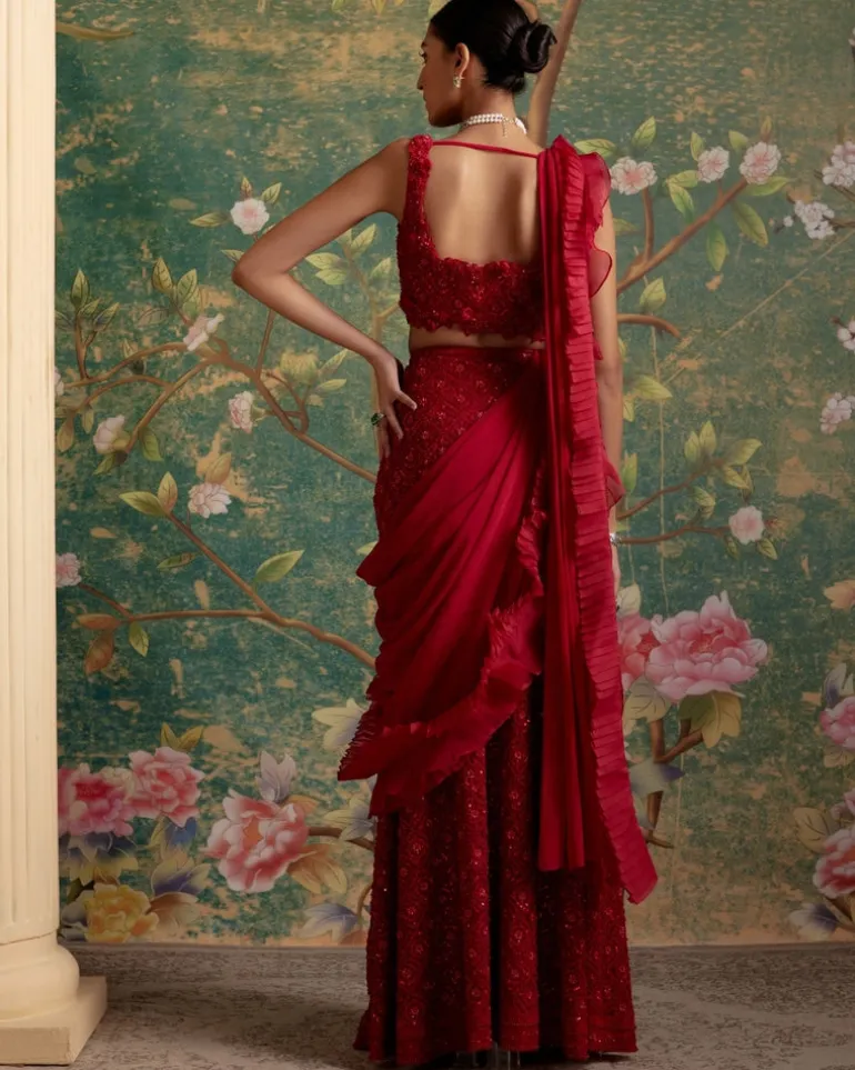 Red Finesse Lehenga Sari Set