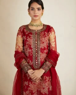 Red Floral Kurti Set