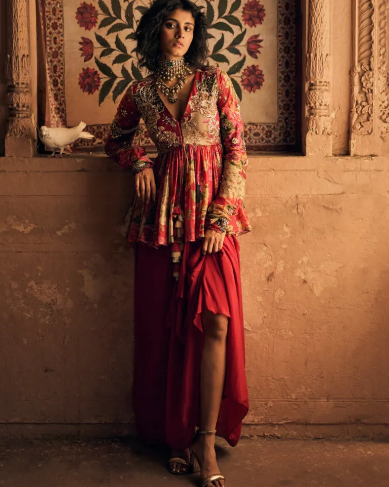 Red Floral Map Printed Peplum Set