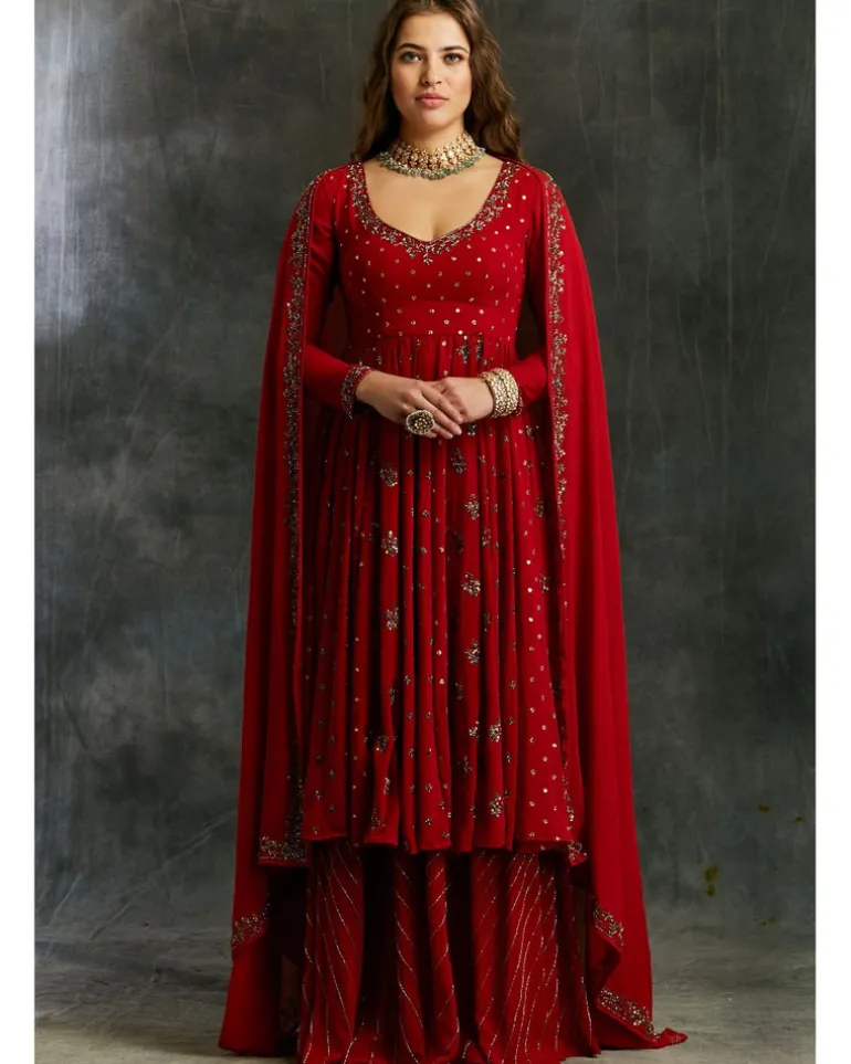 Red Georgette Anarkali With Sharara