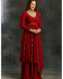Red Georgette Anarkali With Sharara