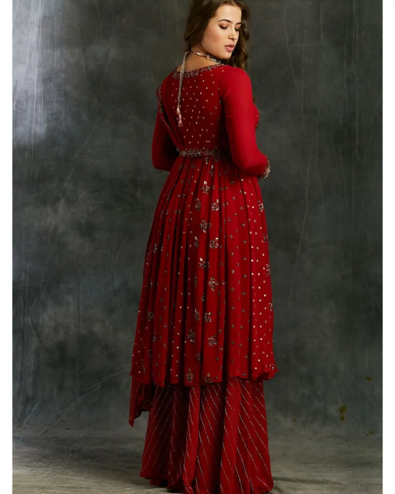 Red Georgette Anarkali With Sharara