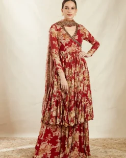 Red Georgette Floral Angrakha Set