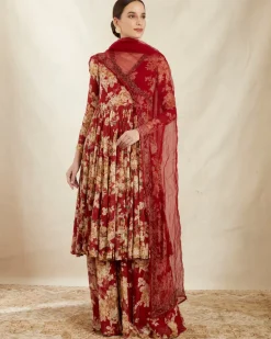 Red Georgette Floral Angrakha Set