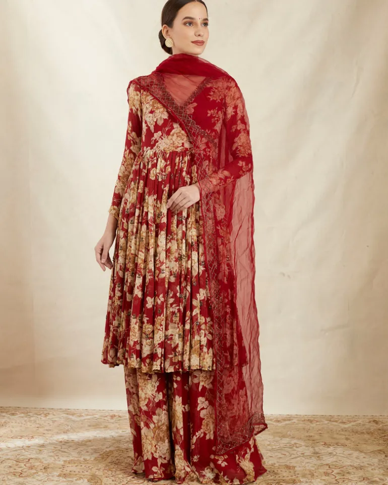 Red Georgette Floral Angrakha Set