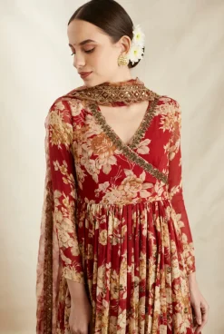 Red Georgette Floral Angrakha Set
