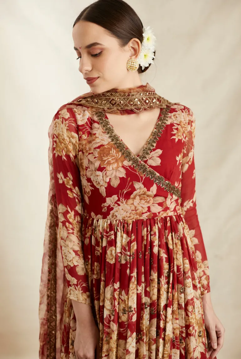 Red Georgette Floral Angrakha Set