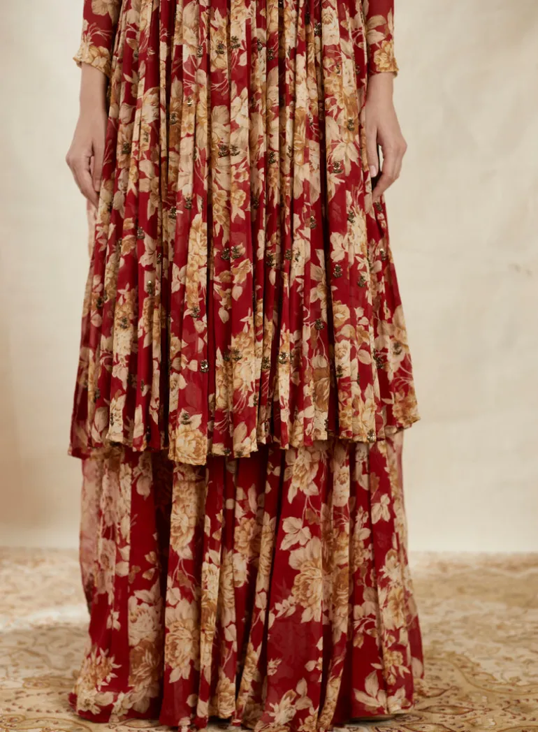 Red Georgette Floral Angrakha Set