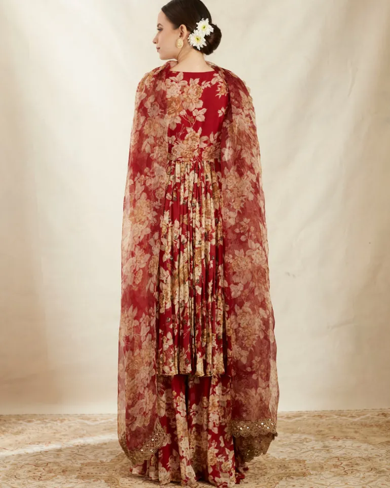 Red Georgette Floral Angrakha Set