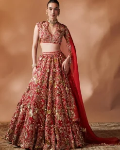 Red Heavily Embroidered Lehenga Set