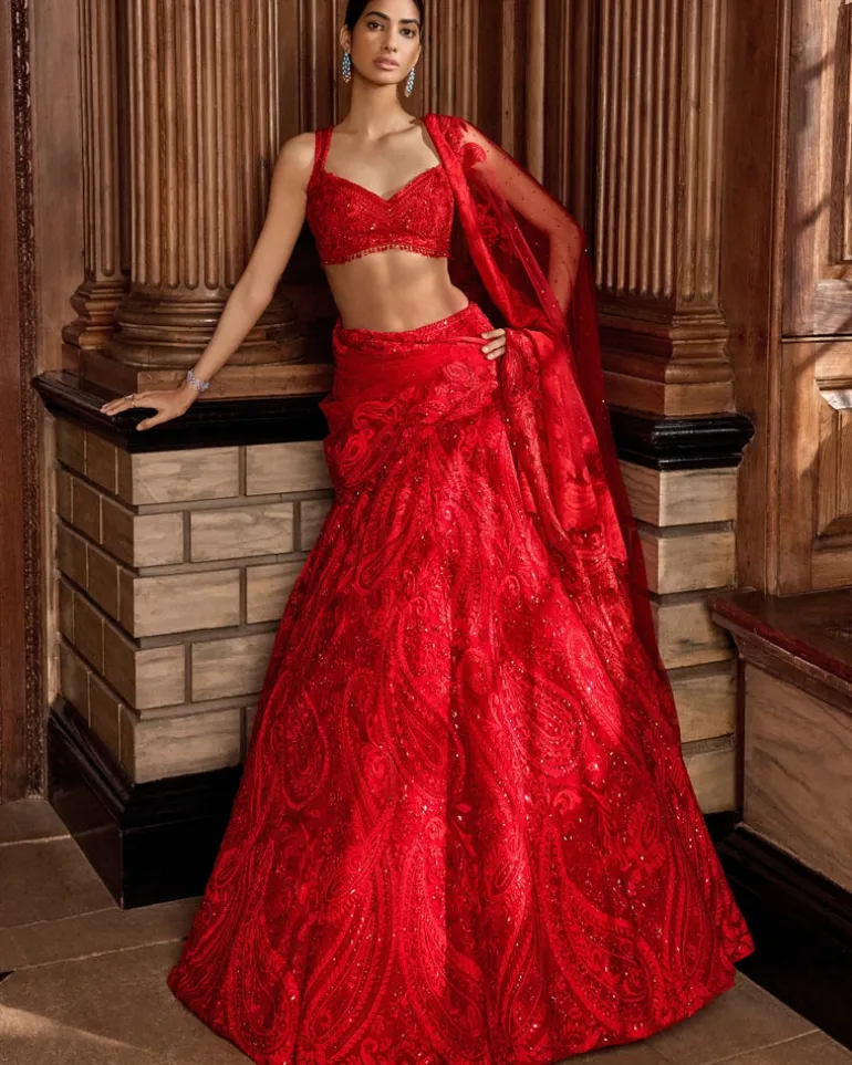 Red Intricate Paisley Lehenga Set
