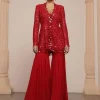 Red Linear Jacket And Gharara Set