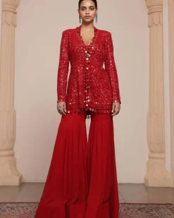 Red Linear Jacket And Gharara Set