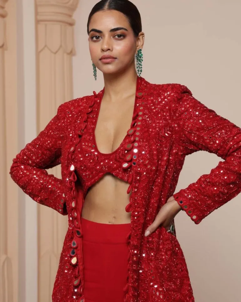 Red Linear Jacket And Gharara Set