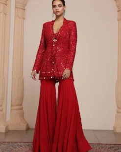 Red Linear Jacket And Gharara Set