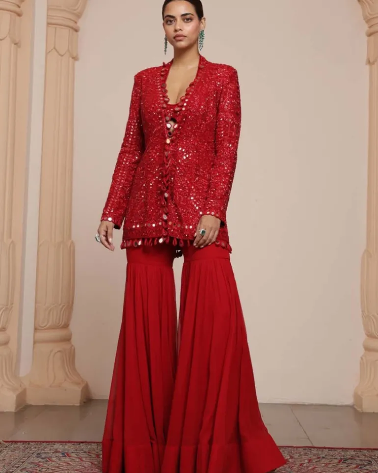 Red Linear Jacket And Gharara Set